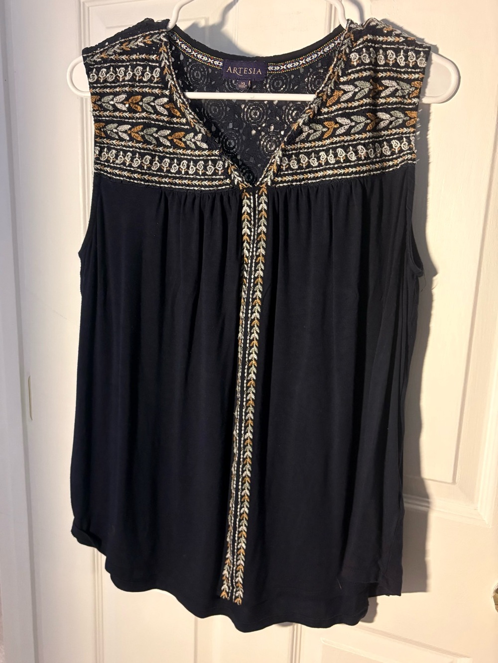 Navy Blue Sleeveless Embroidered Yoke Top